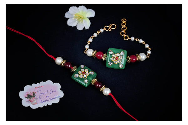 Handmade Kundan Rakhi Set for Bhaiya Bhabhi – Green Stone Couple Combo