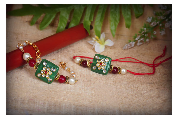 Handmade Kundan Rakhi Set for Bhaiya Bhabhi – Green Stone Couple Combo