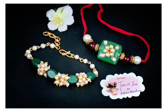 Handmade Kundan & Pearl Rakhi Set for Bhaiya Bhabhi – Green