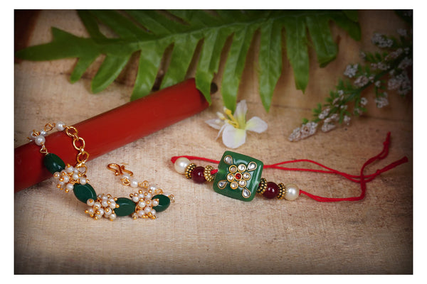 Handmade Kundan & Pearl Rakhi Set for Bhaiya Bhabhi – Green