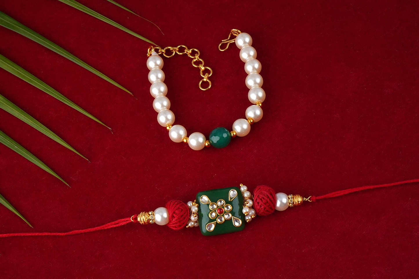 Handmade Kundan Colorful Stone & Pearl,Cotton Bead Rakhi,Combo Collection Couple Pair Set With Roli Chawal (Raksha Bandhan)