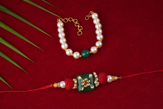 Handmade Kundan Colorful Stone & Pearl,Cotton Bead Rakhi,Combo Collection Couple Pair Set With Roli Chawal (Raksha Bandhan)