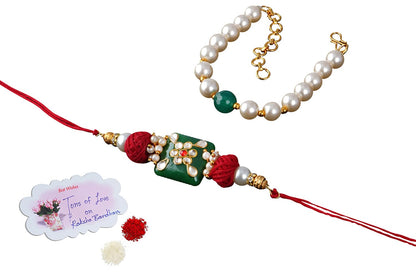 Handmade Kundan Colorful Stone & Pearl,Cotton Bead Rakhi,Combo Collection Couple Pair Set With Roli Chawal (Raksha Bandhan)