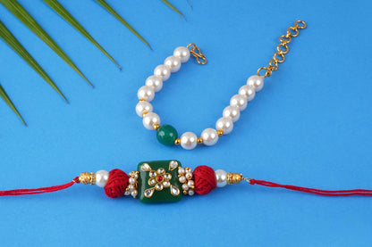 Handmade Kundan Colorful Stone & Pearl,Cotton Bead Rakhi,Combo Collection Couple Pair Set With Roli Chawal (Raksha Bandhan)