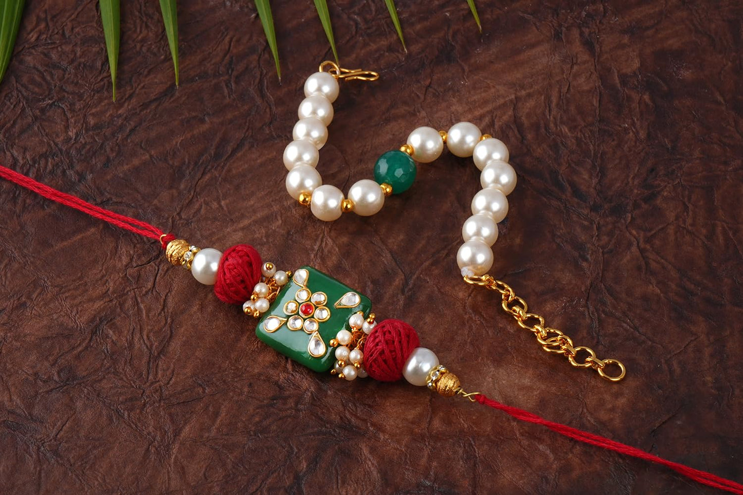 Handmade Kundan Colorful Stone & Pearl,Cotton Bead Rakhi,Combo Collection Couple Pair Set With Roli Chawal (Raksha Bandhan)