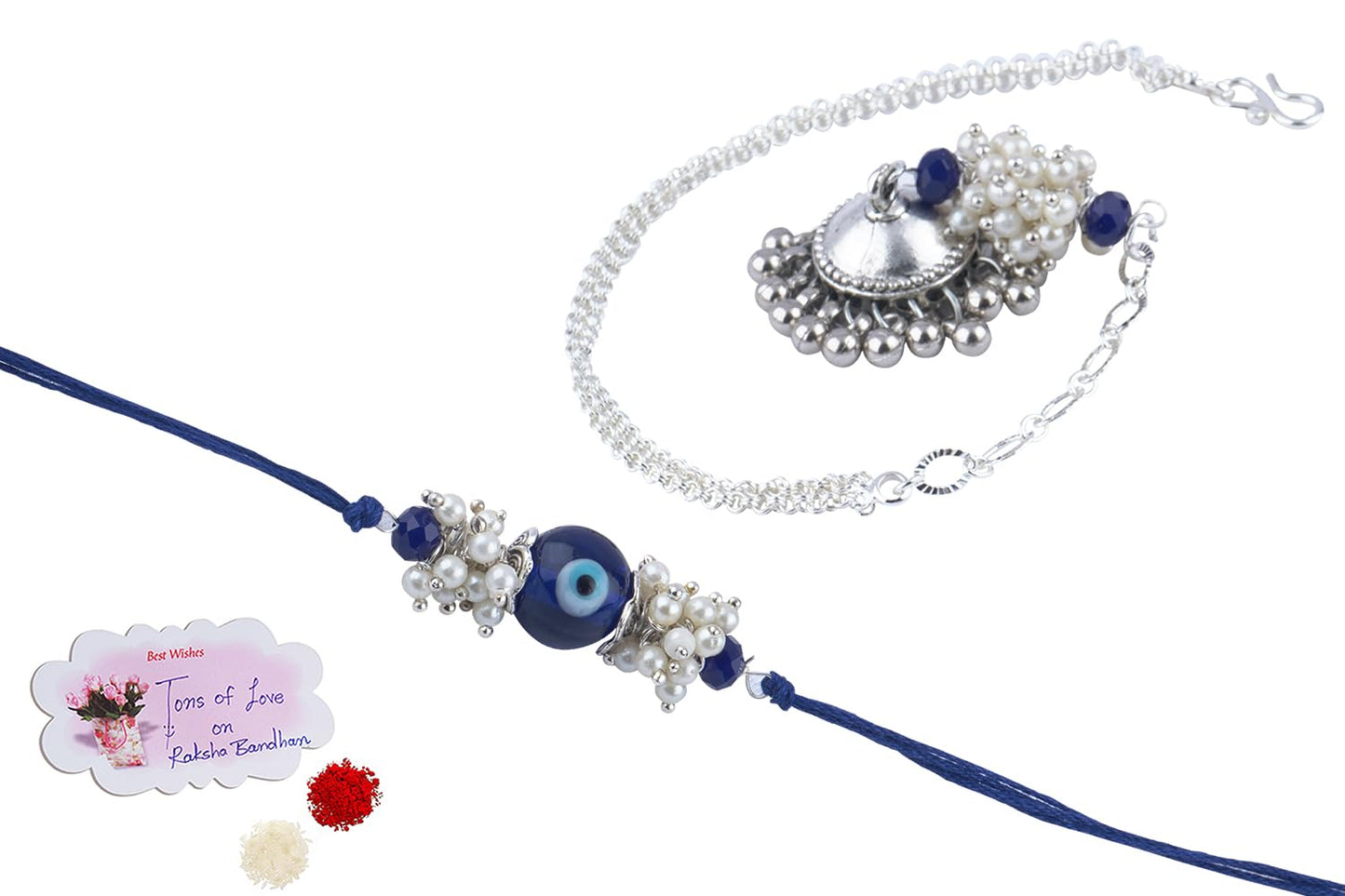 Forless Handmade Rakhi Combo Couple Pair Blue Evil Eye Rakhi And Silver Plated Jhumki Pearl Bracelet For Bhaiya Bhabhi With Roli Chawal And Written Greeting Note