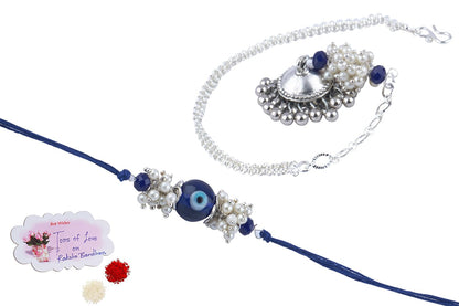 Forless Handmade Rakhi Combo Couple Pair Blue Evil Eye Rakhi And Silver Plated Jhumki Pearl Bracelet For Bhaiya Bhabhi With Roli Chawal And Written Greeting Note