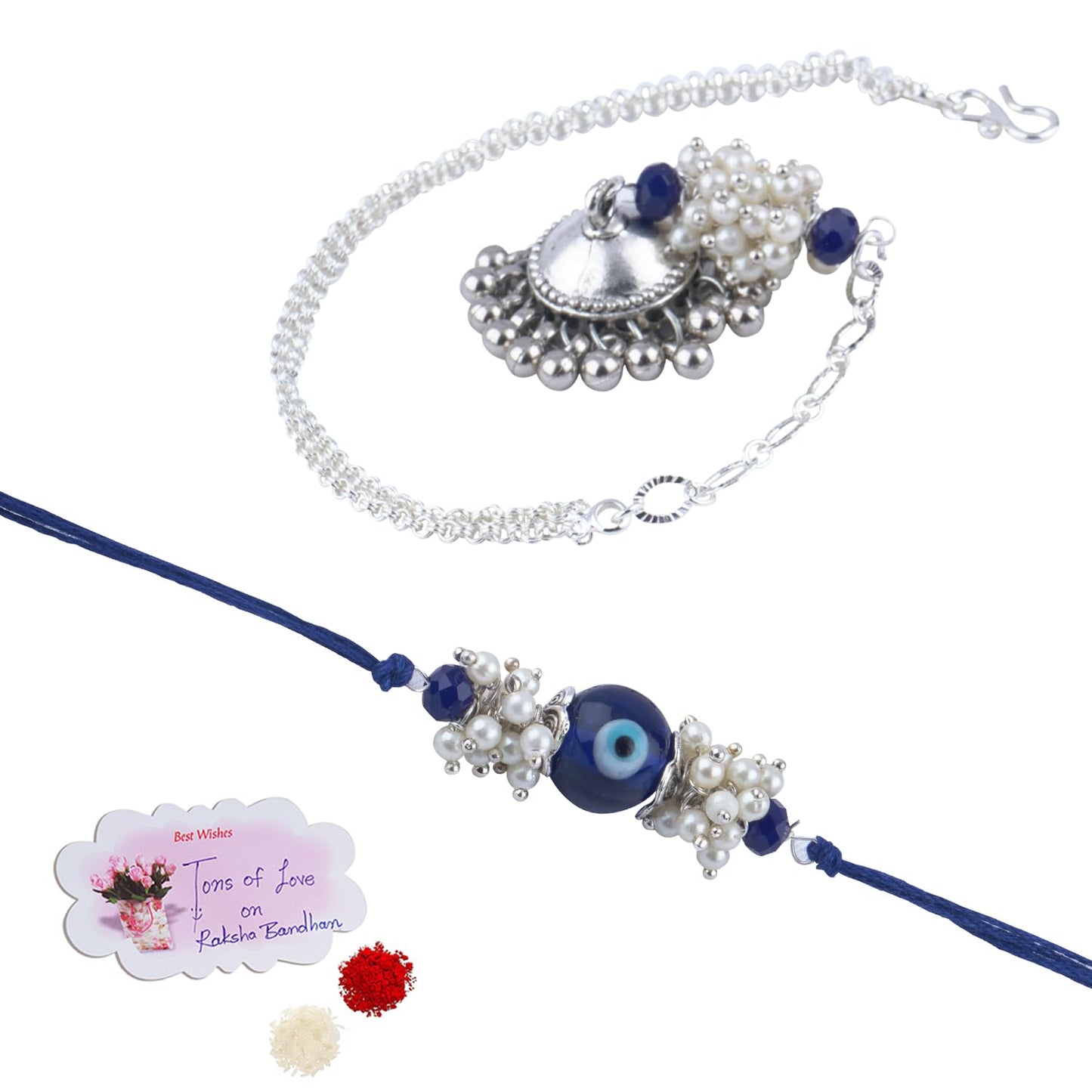 Forless Handmade Rakhi Combo Couple Pair Blue Evil Eye Rakhi And Silver Plated Jhumki Pearl Bracelet For Bhaiya Bhabhi With Roli Chawal And Written Greeting Note