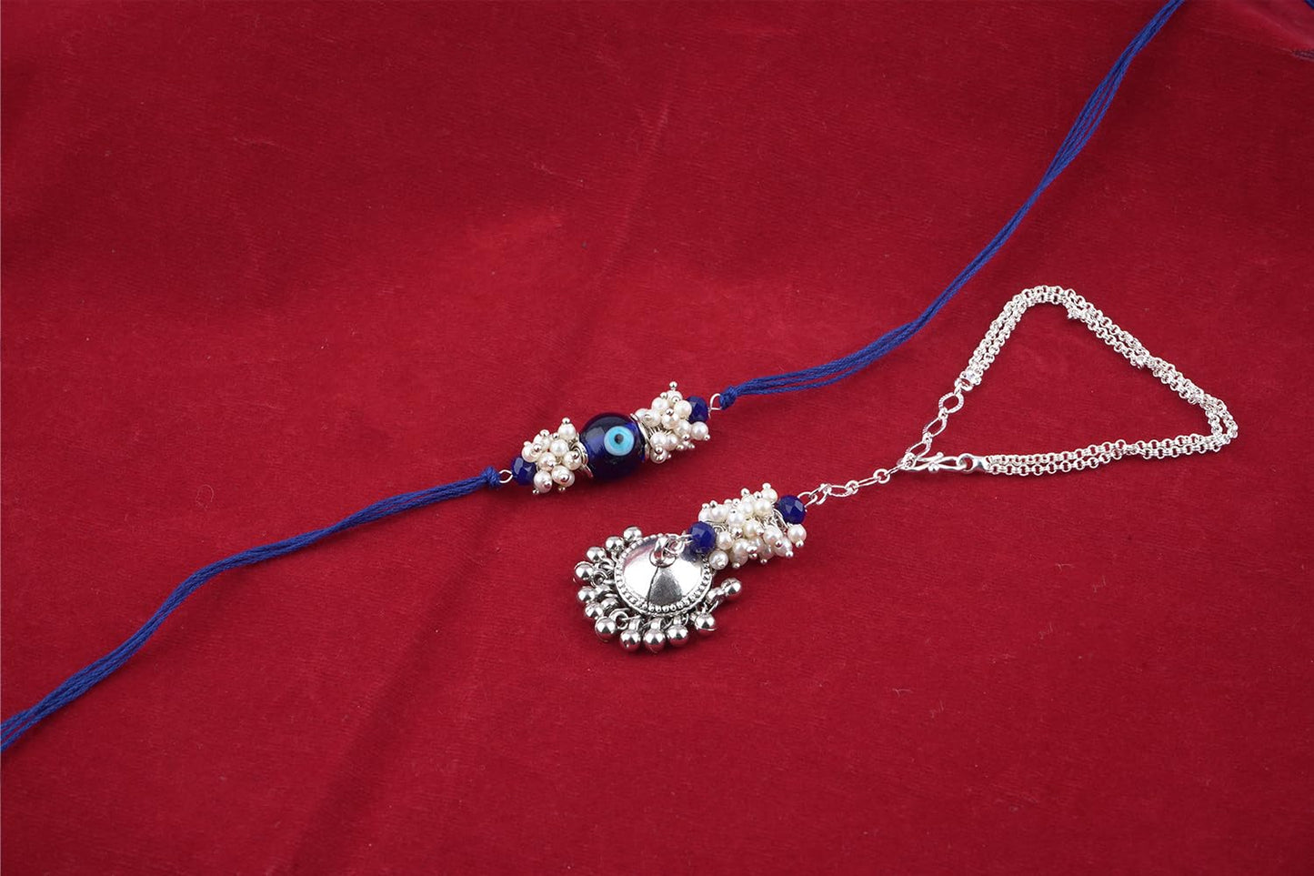 Forless Handmade Rakhi Combo Couple Pair Blue Evil Eye Rakhi And Silver Plated Jhumki Pearl Bracelet For Bhaiya Bhabhi With Roli Chawal And Written Greeting Note