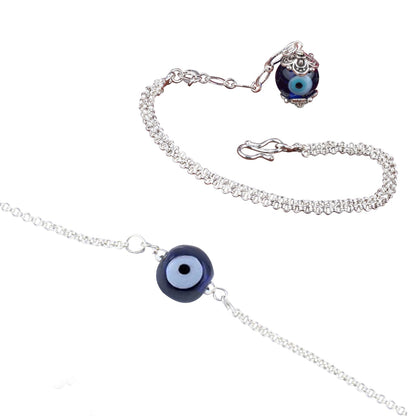 Forless Handmade Rakhi Combo Couple Pair Silver Plated Blue Evil Eye Unisex Rakhi Bracelets For Bhaiya Bhabhi With Roli Chawal And Written Greeting Note
