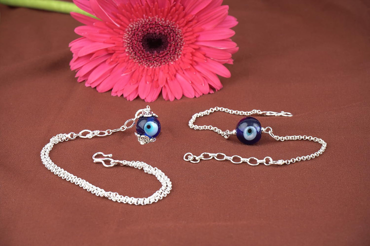 Forless Handmade Rakhi Combo Couple Pair Silver Plated Blue Evil Eye Unisex Rakhi Bracelets For Bhaiya Bhabhi With Roli Chawal And Written Greeting Note
