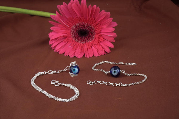 Forless Handmade Rakhi Combo Couple Pair Silver Plated Blue Evil Eye Unisex Rakhi Bracelets For Bhaiya Bhabhi With Roli Chawal And Written Greeting Note