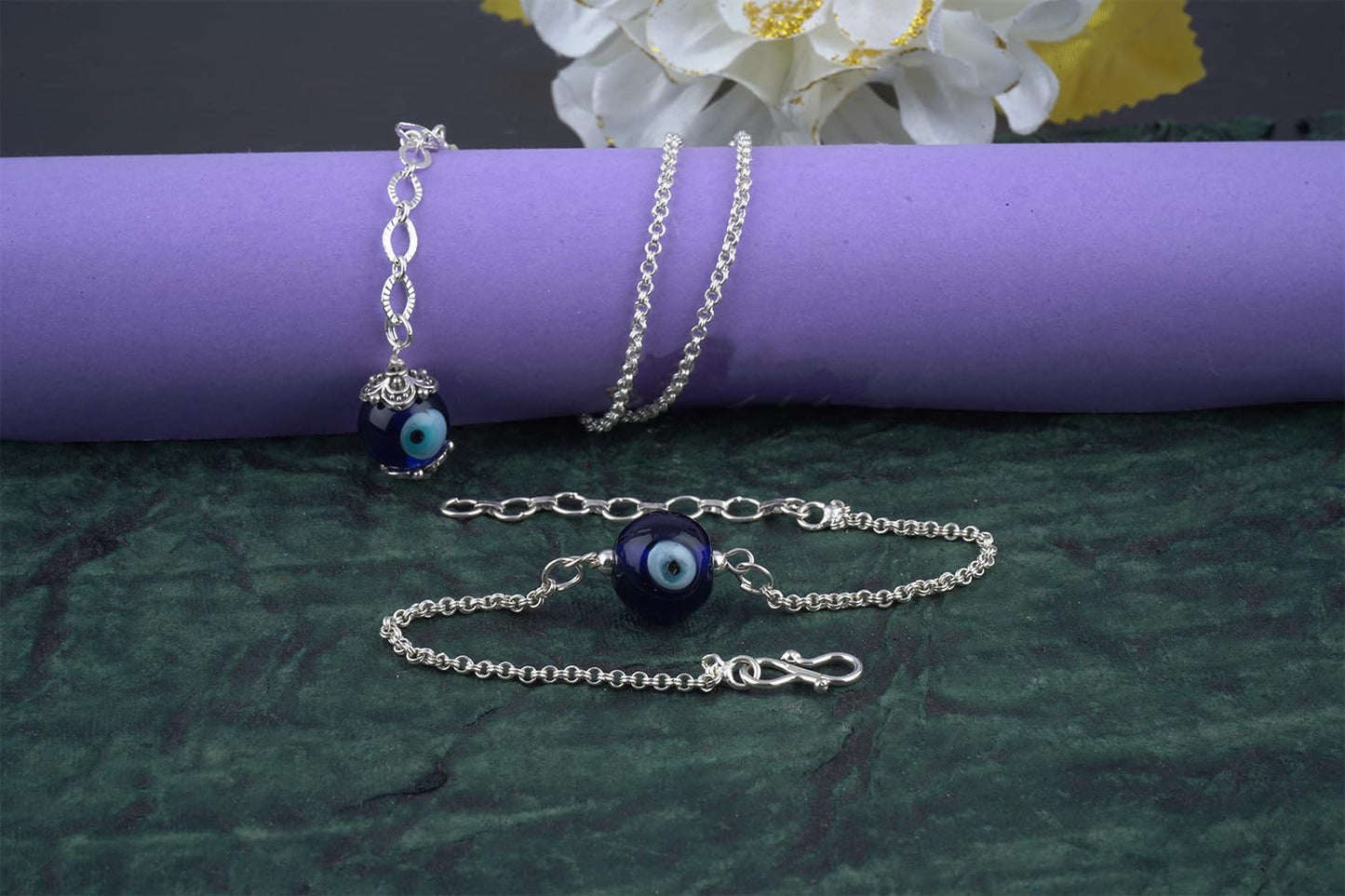 Forless Handmade Rakhi Combo Couple Pair Silver Plated Blue Evil Eye Unisex Rakhi Bracelets For Bhaiya Bhabhi With Roli Chawal And Written Greeting Note