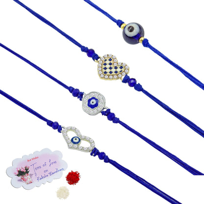 Rakhi Combo Set Of 4 For Bhaiya Evil Eye Protection & Heart Rakhis With Cz Diamonds, Roli Chawal And Written Greeting Note.