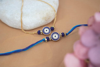 Combo Of Evil Eye Rakhi Plus Bracelet Unisex Boys Rakhi For Bhaiya Bhabhi With Roli Chawal And Written Greeting Note.