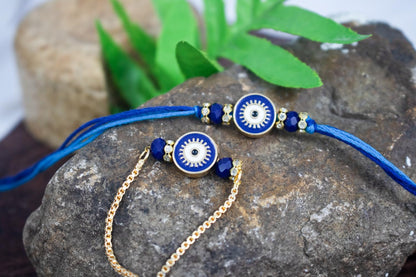 Combo Of Evil Eye Rakhi Plus Bracelet Unisex Boys Rakhi For Bhaiya Bhabhi With Roli Chawal And Written Greeting Note.