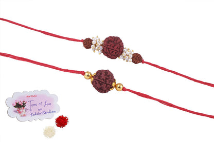Handmade Combo Panch Mukhi Rudraksh Protection Rakhi Set For Brother Bhaiya With Roli Chawal And Hand Written Greeting Note Of Raksha Bandhan