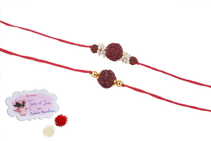 Handmade Combo Panch Mukhi Rudraksh Protection Rakhi Set For Brother Bhaiya With Roli Chawal And Hand Written Greeting Note Of Raksha Bandhan