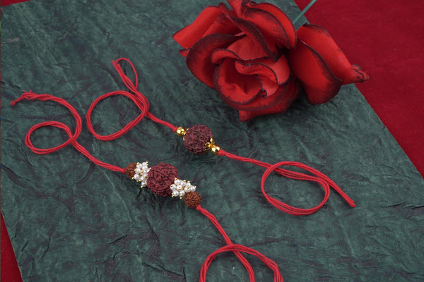 Handmade Combo Panch Mukhi Rudraksh Protection Rakhi Set For Brother Bhaiya With Roli Chawal And Hand Written Greeting Note Of Raksha Bandhan