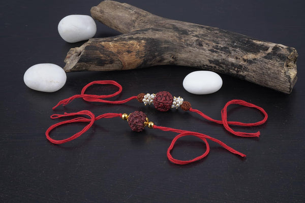 Handmade Combo Panch Mukhi Rudraksh Protection Rakhi Set For Brother Bhaiya With Roli Chawal And Hand Written Greeting Note Of Raksha Bandhan