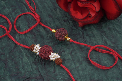 Handmade Combo Panch Mukhi Rudraksh Protection Rakhi Set For Brother Bhaiya With Roli Chawal And Hand Written Greeting Note Of Raksha Bandhan