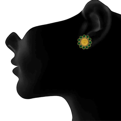 One Gram Gold Plated Temple Laxmi Goddess Green Stud Earring