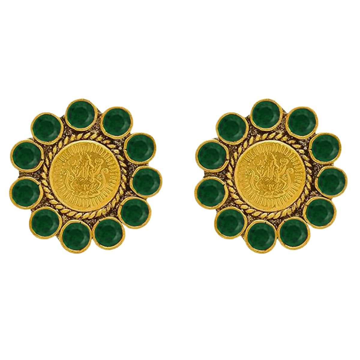 One Gram Gold Plated Temple Laxmi Goddess Green Stud Earring