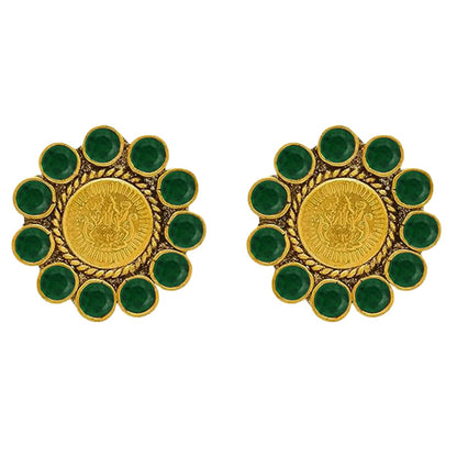 One Gram Gold Plated Temple Laxmi Goddess Green Stud Earring