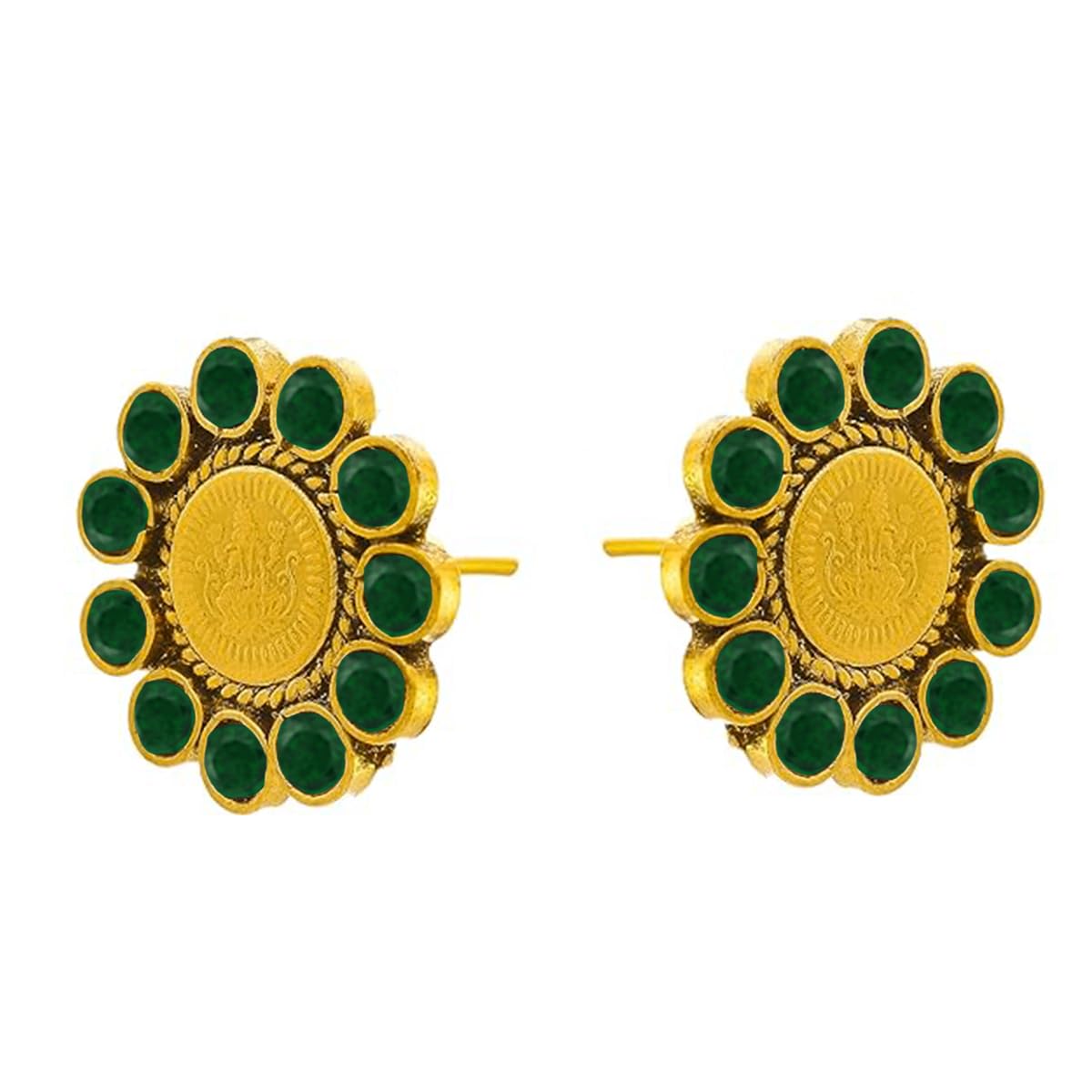 One Gram Gold Plated Temple Laxmi Goddess Green Stud Earring