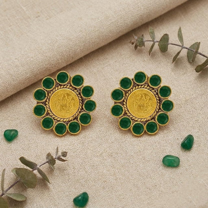 One Gram Gold Plated Temple Laxmi Goddess Green Stud Earring