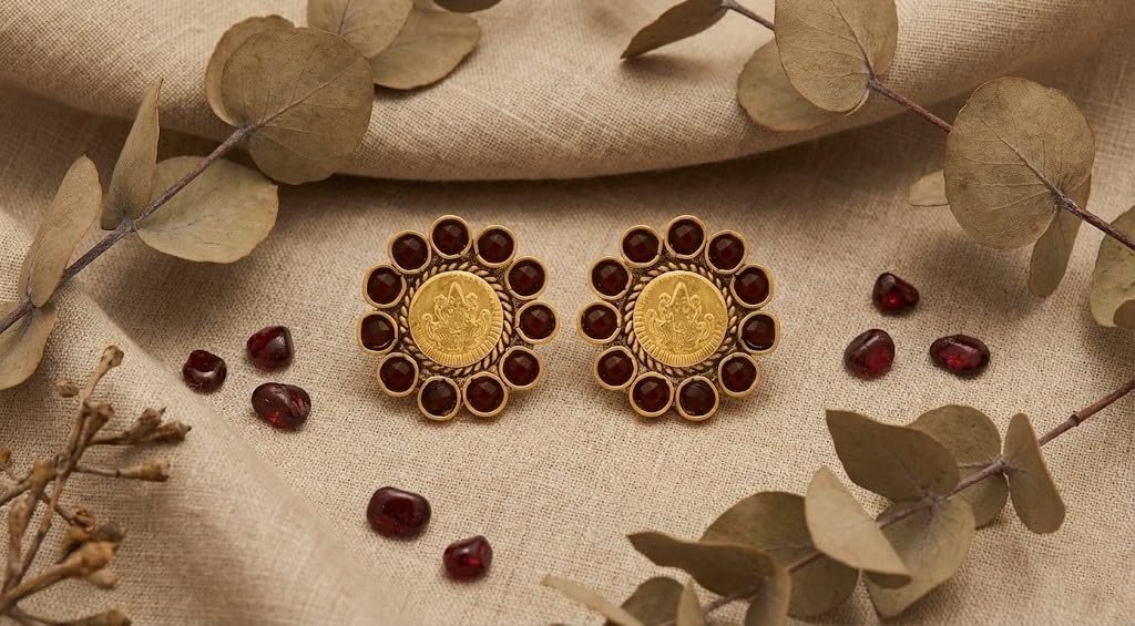 One Gram Gold Plated Temple Laxmi Goddess Red Stud Earring