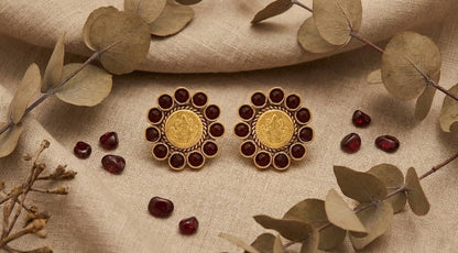 One Gram Gold Plated Temple Laxmi Goddess Red Stud Earring