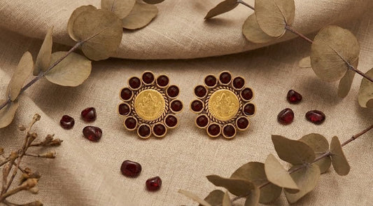 One Gram Gold Plated Temple Laxmi Goddess Red Stud Earring