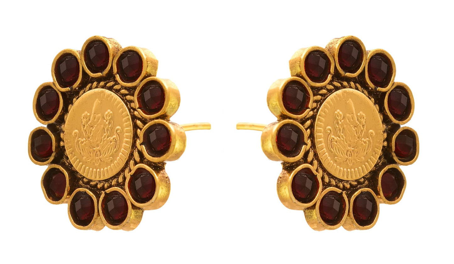 One Gram Gold Plated Temple Laxmi Goddess Red Stud Earring