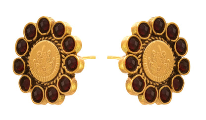 One Gram Gold Plated Temple Laxmi Goddess Red Stud Earring