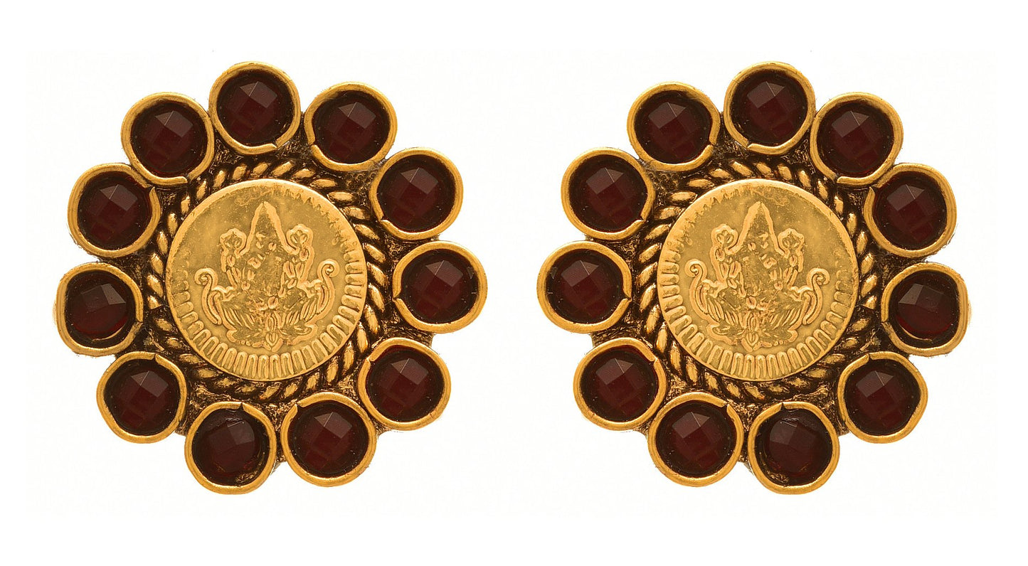 One Gram Gold Plated Temple Laxmi Goddess Red Stud Earring