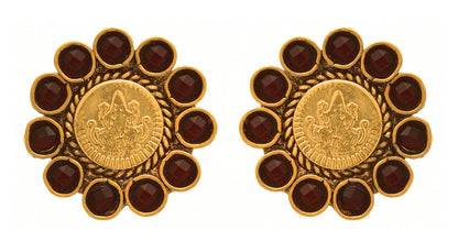One Gram Gold Plated Temple Laxmi Goddess Red Stud Earring