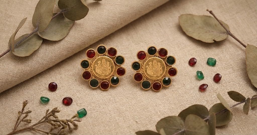 One Gram Gold Plated Temple Laxmi Goddess Red, Green Stud Earring
