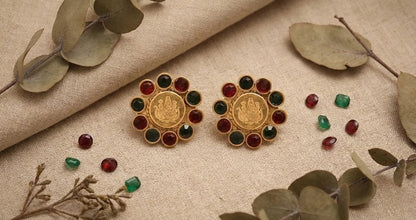One Gram Gold Plated Temple Laxmi Goddess Red, Green Stud Earring