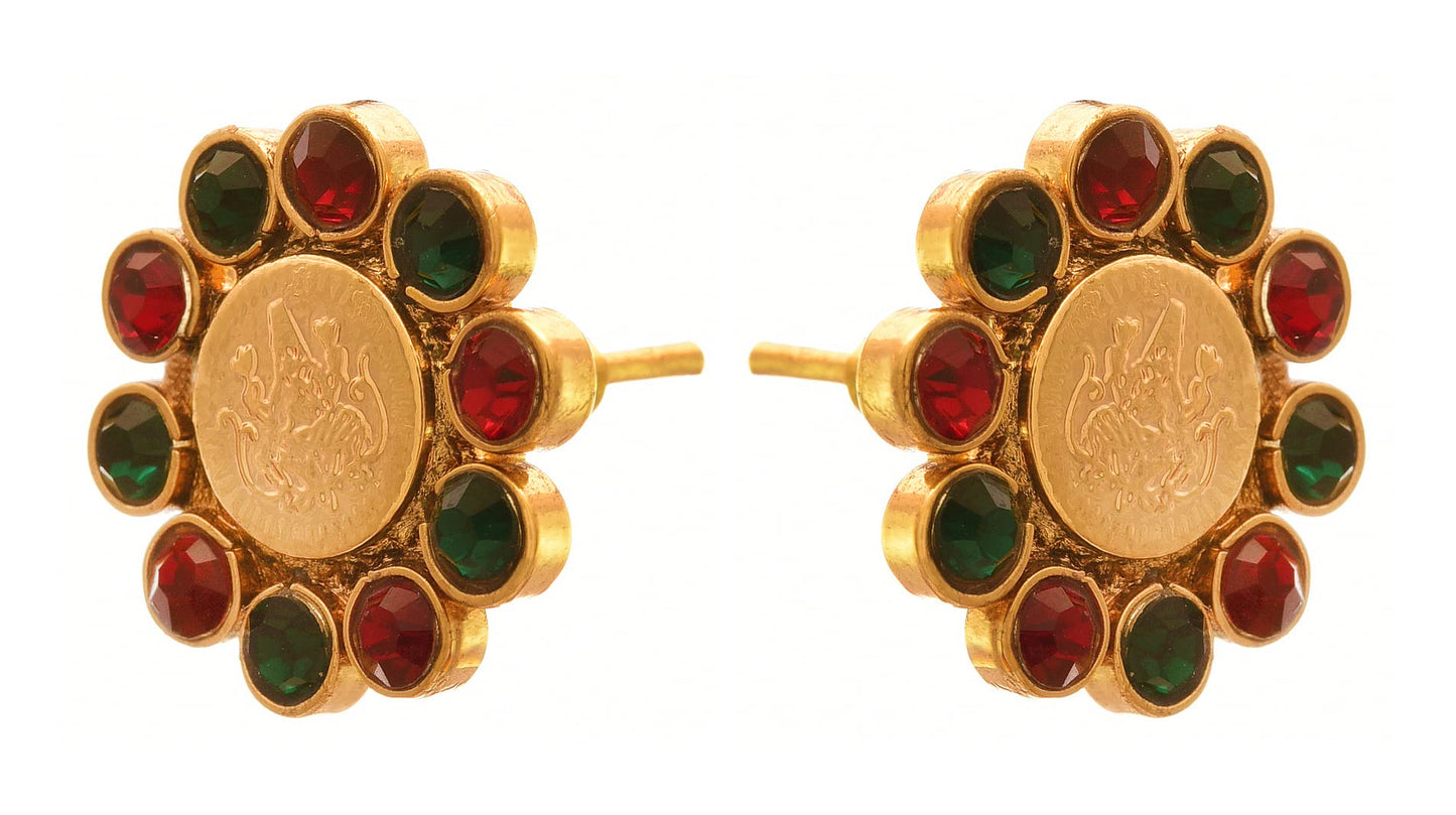 One Gram Gold Plated Temple Laxmi Goddess Red, Green Stud Earring