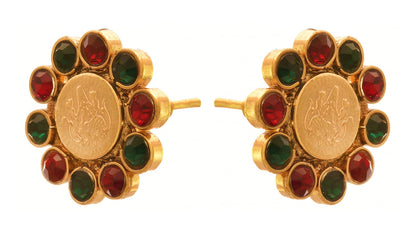 One Gram Gold Plated Temple Laxmi Goddess Red, Green Stud Earring