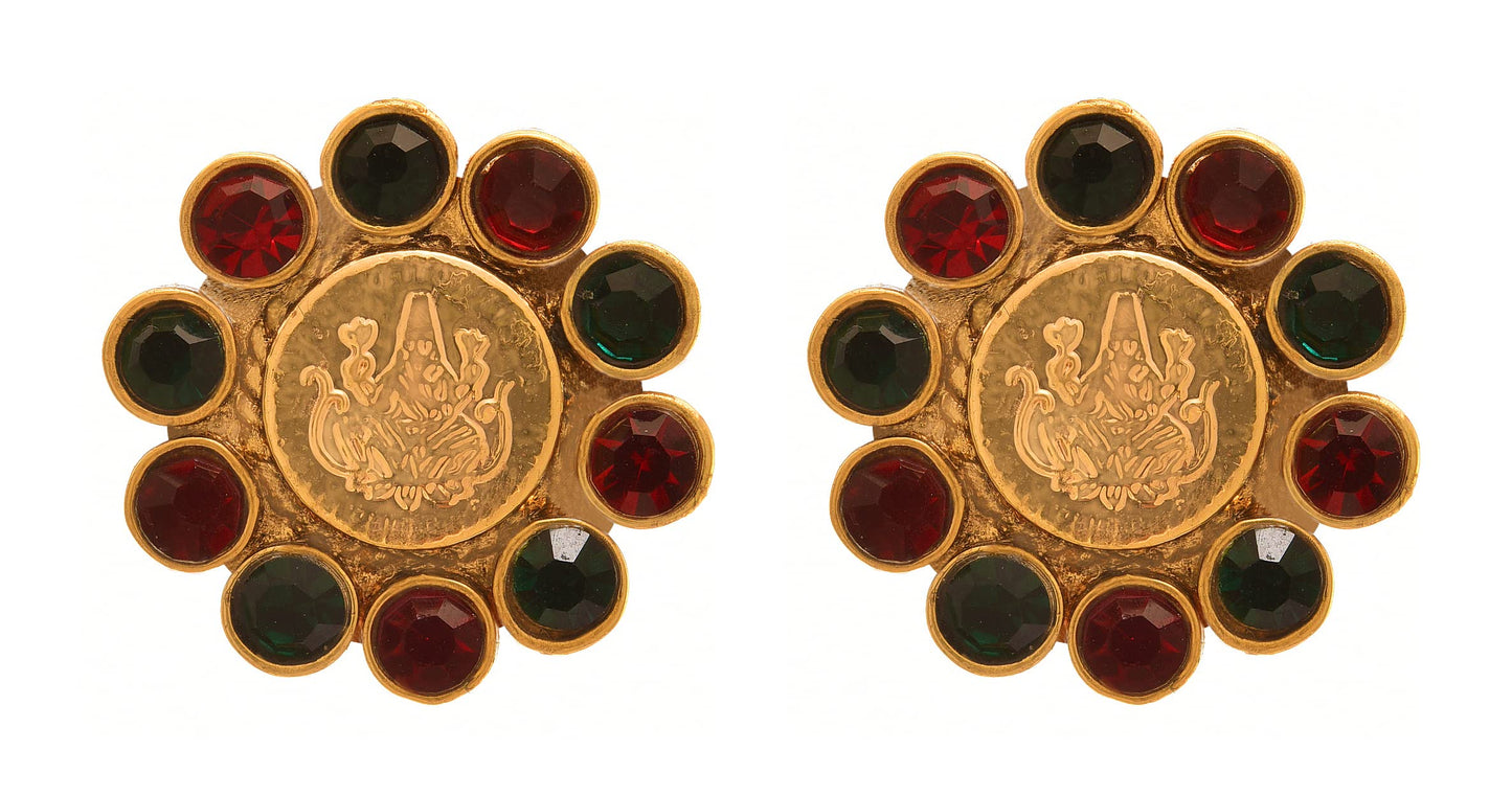 One Gram Gold Plated Temple Laxmi Goddess Red, Green Stud Earring