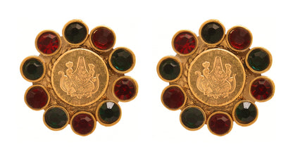 One Gram Gold Plated Temple Laxmi Goddess Red, Green Stud Earring
