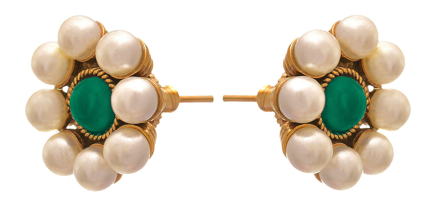 Dark Green Stone & Pearl Stud Earrings – One Gram Gold-Plated