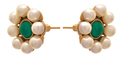 Dark Green Stone & Pearl Stud Earrings – One Gram Gold-Plated