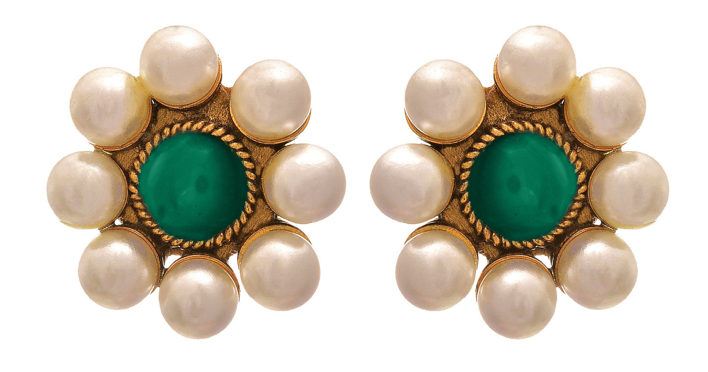 Dark Green Stone & Pearl Stud Earrings – One Gram Gold-Plated