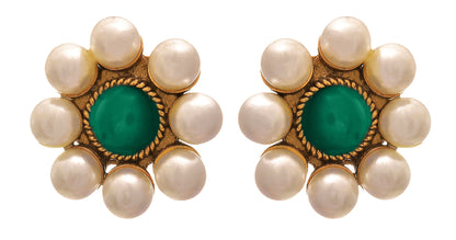 Dark Green Stone & Pearl Stud Earrings – One Gram Gold-Plated