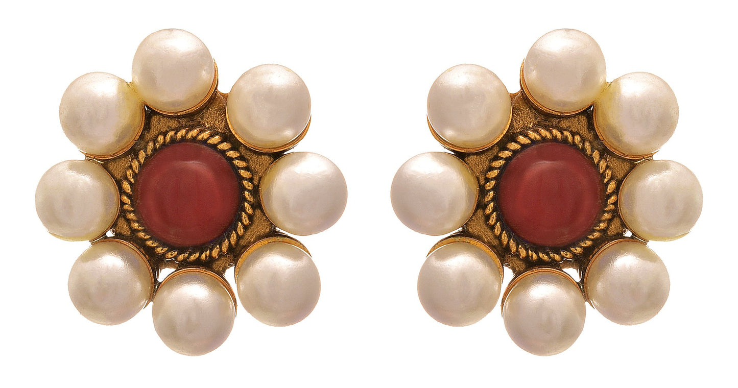 One Gram Gold Plated Stone & Imitation Pearls Design Stud Earring .