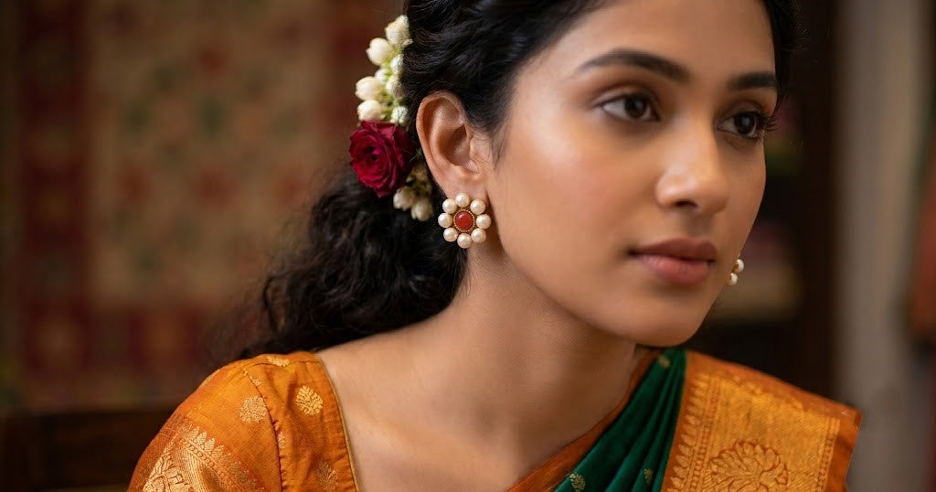 One Gram Gold Plated Stone & Imitation Pearls Design Stud Earring .