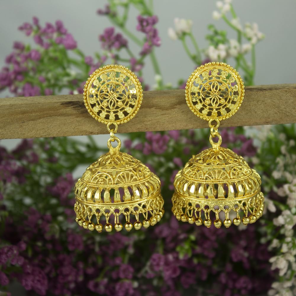 Gold-Plated Dome Jhumka Earrings – Traditional Ethnic Statement Jewelry